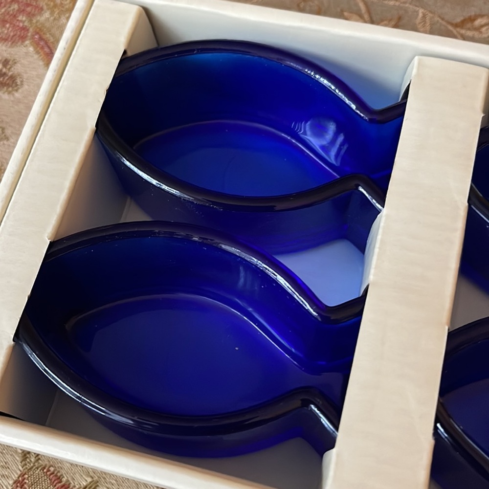 PIER 1 FISH SHAPED set of 4 SNACK DISHES in COBALT BLUE. Two Sets, total of 8